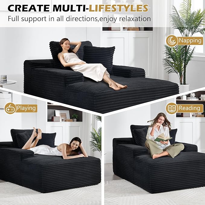 66 Oversized Chaise Lounge Chair Indoor Corduroy Upholstered Sofa Bed with Pocket Springs&ampHigh-Density Foam Deep Seat Sleeper Couch with 3 Pillows No Assembly for Living Room (Black)