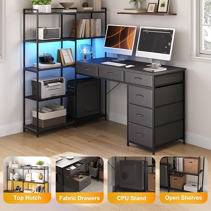 Garvee L Shaped Gaming Computer Desk with 6 Fabric Drawers Corner Gaming Desk with Open Shelves Home Office PC Table with Power Outlets &amp LED Lights 58.3 l*54.3 h Black