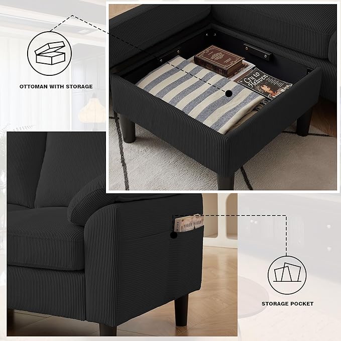 4 Pieces Corduroy Living Room Sets with Sofa Ottoman Loveseat and Chair