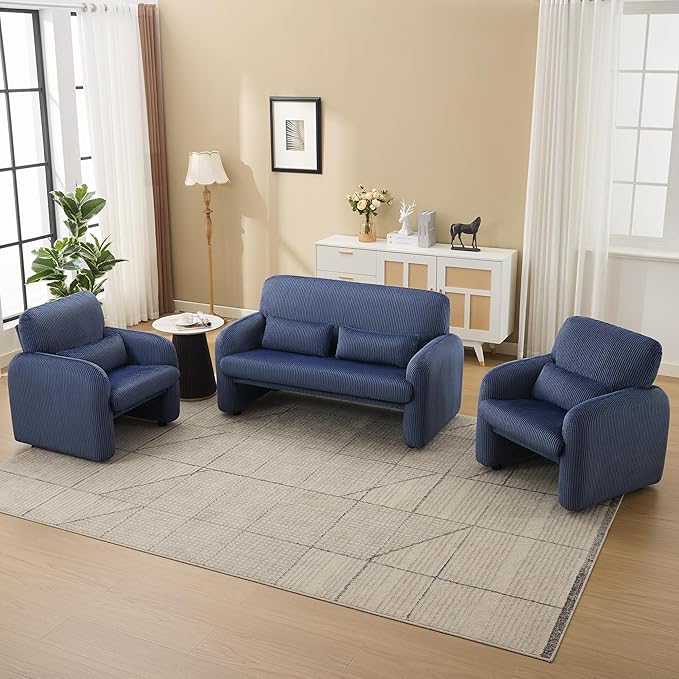 Corduroy Accent Living Room Sets Modern Upholstered Love Seat with 2 Accent Chairs Wide Comfy Leisure Chair Sets for Bedroom Office Blue