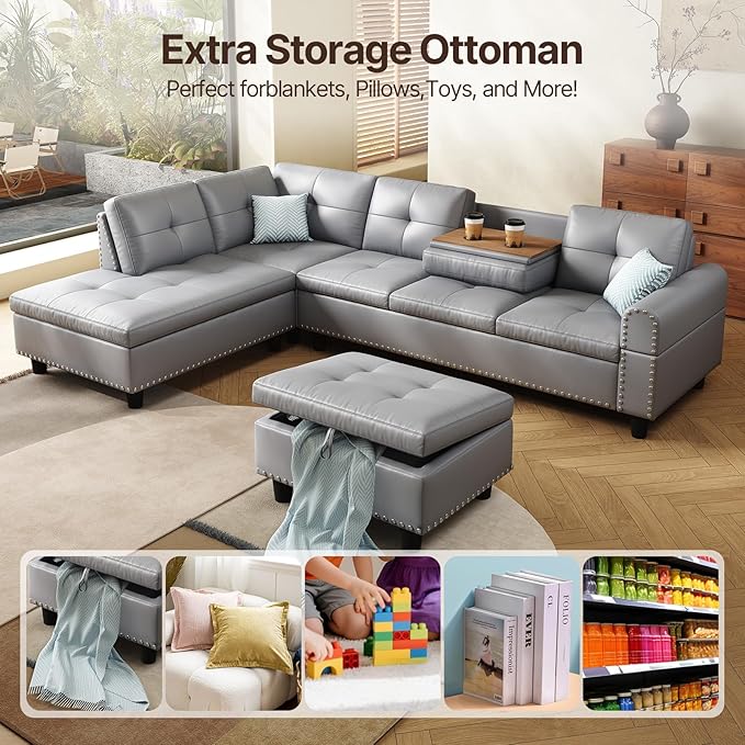 97.5 Oversized Sectional Couch L Shaped Couchwith Storage Ottoman Modern Modular Sofa withDeep Seat Sectional Couches for Living Room andOffice Faux Leather Sofa (Gray 97.5 inch &amp Ottoman)
