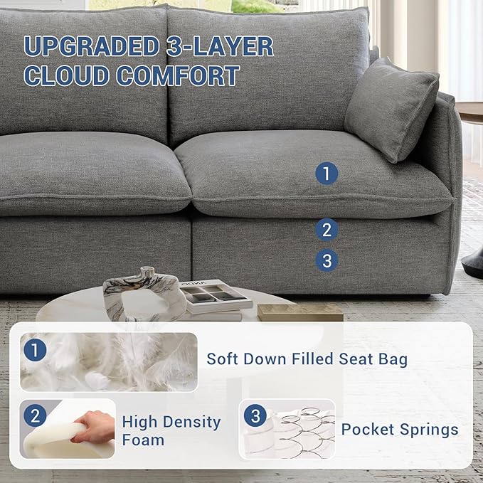 Cloud Modular Sectional Sofa Waterproof Down Filled Sectional Sofa High Backrest Loveseat Couch with Ottoman Modern Modular Couch with Removable Cover Dark Gray