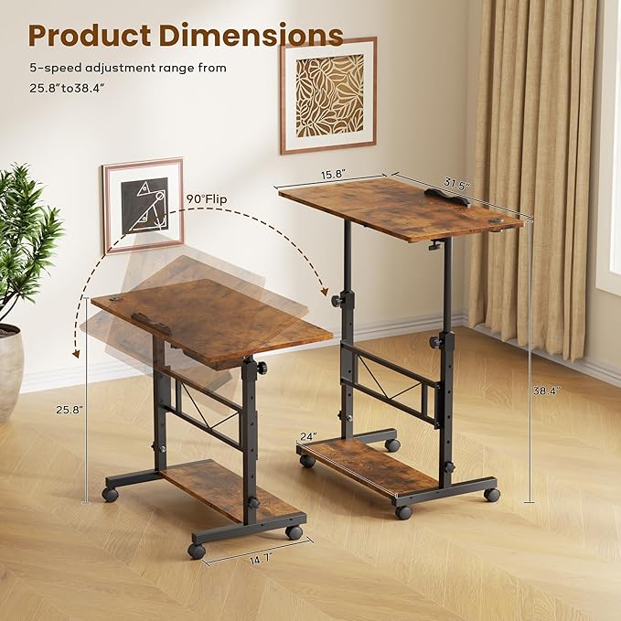 Portable Rolling Standing Desk 32 Inch Adjustable Height Mobile Stand Up Desks with Wheels Small Computer Desks Rolling Desk for Bedroom Walking Pad Teacher Podium Couch Sofa Side Table Rustic