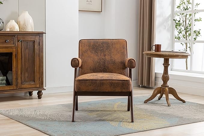 Generic Leisure Chair with Solid Wood Armrest and Feet Mid Century Modern Accent Chair for Living Room Bedroom Studio Chair Coffee