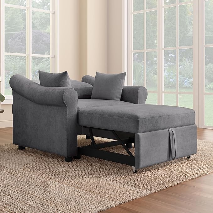 Convertible Sleeper Chair with Adjustable Backrest 3-in-1 Sleeper Chair with Metal Frame 3 in 1 Lounger Chair Turns Into Bed Chenille Fabric Single Bed for Living Room
