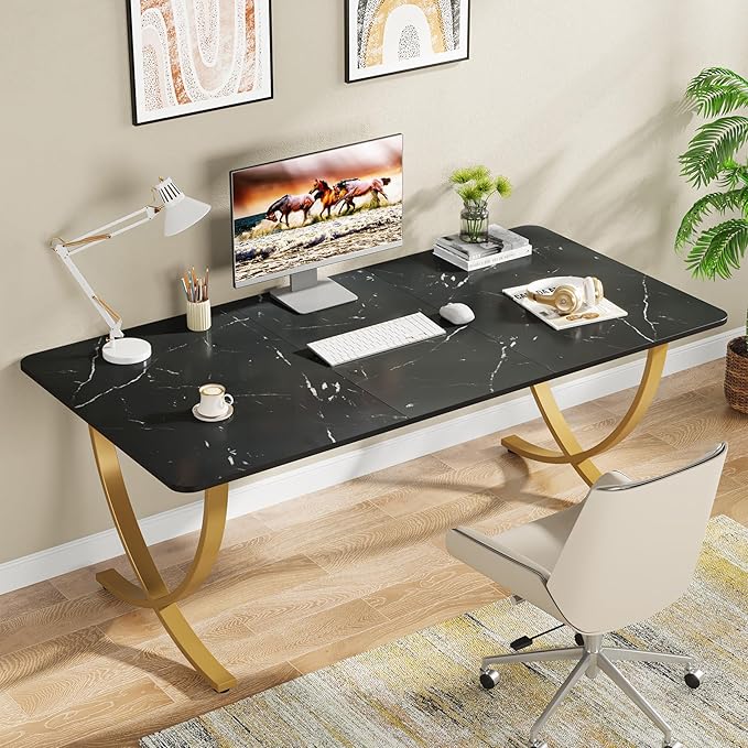 Tribesigns Executive Desk 63” W x 31.5” D Large Office Desk Modern Computer Desk Conference Table Meeting Room Table Business Furniture for Home Office Black and Gold