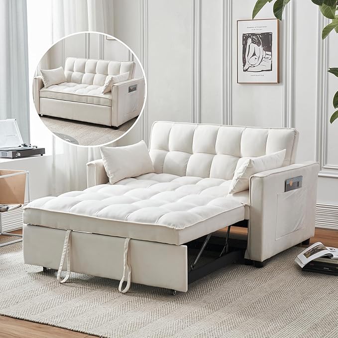 Futon Sofa BedModern 3 in 1 Convertible Sleeper Sofa Pull Out Couch Bed with Adjustable Backrest Storage Pockets and Toss Pillows for Living Room Bedroom (Beige)