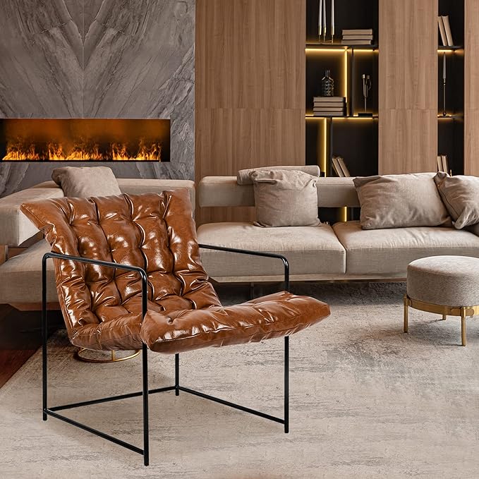 GIA Sling Accent ChairIdeal for Living Room Bedroom and Office1 Pack Brown PU Leather Upholstered Black Metal Base