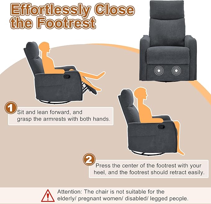 Manual 360° Swivel Rocker Recliner Chair for Adults Overstuffed Glider Chair for Nursery with Vibration Massage and Heat Comfy Soft Fabric Glider with Side Pockets for Living Room Dark Gray