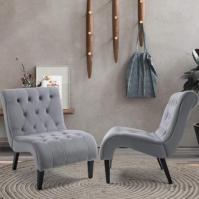 AVAWING Armless Accent Chair Set of 2 Upholstered Button Tufted Living Room Chairs with Wood Legs Comfy Frosted Velvet Lounge Chair Reading Chair for Bedroom Grey