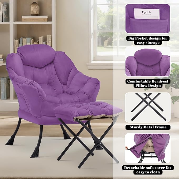 Lazy Chair with Ottoman Comfy Accent Lounge Chair with Side Pocket Modern Reading Armchair with Footrest Upholstered Sofa Chair for Small Spaces Bedroom Living Room Dorm Purple