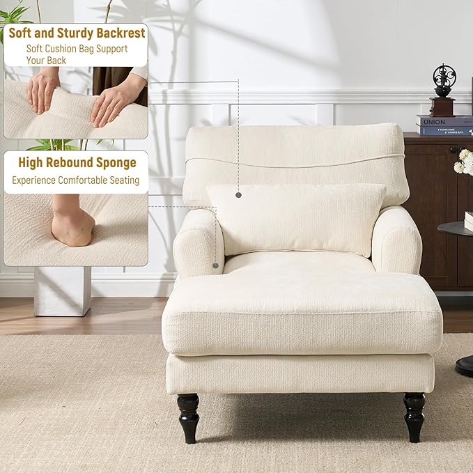 Accent Chair 51'' Modern Armchair for Living Room Upholstered High Back Lazy Sleeper Armchair Recliner for Woman Chaise Lounge Chair Indoor Single Reading Sofa Chair with Wood Legs (White)