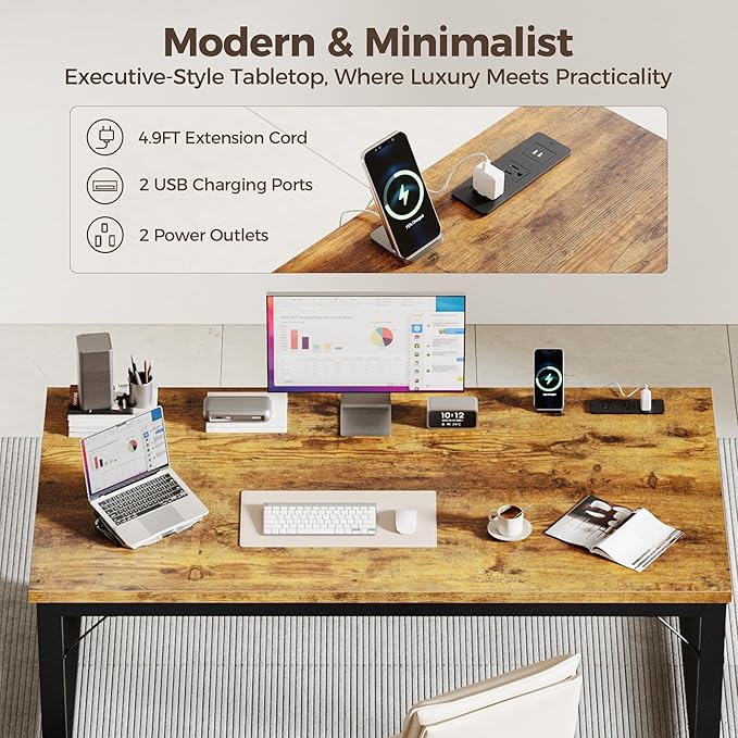 Mericonia 48 Inch Computer Desk with Power Outlets 1.2 Thick Heavy Duty Industrial Office Desk Modern Simple Study Writing Table for Home Bedroom Workstation Brown