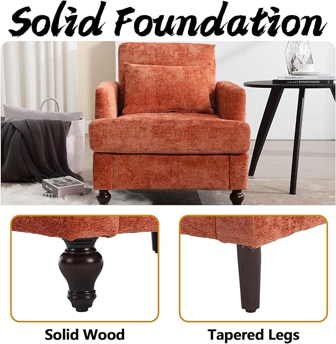 Oversized Accent Chair with Lumbar Pillow Upholstered Side Chairs for Living Room Bedroom Comfy Reading Chairs for Adults with Wide Seat Thick Cushion Soft Chenille (Dark Orange)