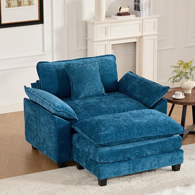 46.4'' Blue Modern Large Sectional Couches for Living Room Chenille Fabric Modular Sectional Sofa Oversized Single Cloud Couch with Ottomans Deep Seat Wide Arm Sofas Set Sofa para Sala