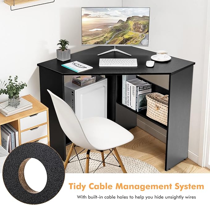 COSTWAY Corner Computer Desk Space-Saving Triangular Writing Desk w/ 2 Storage Shelves &amp 2 Cable Holes Multi-Functional Console Table for Small Space in Home Office Living Room Bedroom (Black)