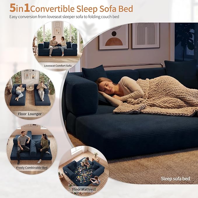 78.8 Convertible Sofa Bed with Armrest Pillow 4-in-1 Sleeper Couch Bed for Livingroom Modular Corduroy Boneless couches No Assembly (Blue)