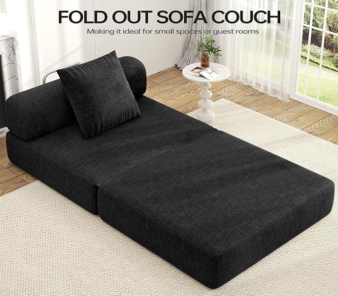 DURASPACE 39.2'' Folding Sofa Bed Floor Foldable Futon with Memory Foam Convertible Sleeper Chair with Back Support for Living Room (Chenille Black)