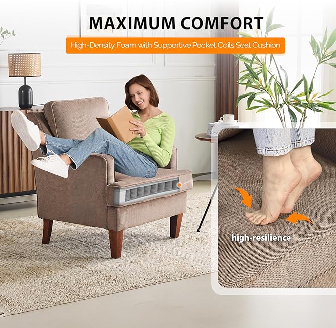 VINGLI Mid-Century Accent Chairs Set of 2 Light Brown Upholstered Armchair Comfy Sofa Chairs Reading Chair High Back Living Room Bedroom Furniture for Apartment