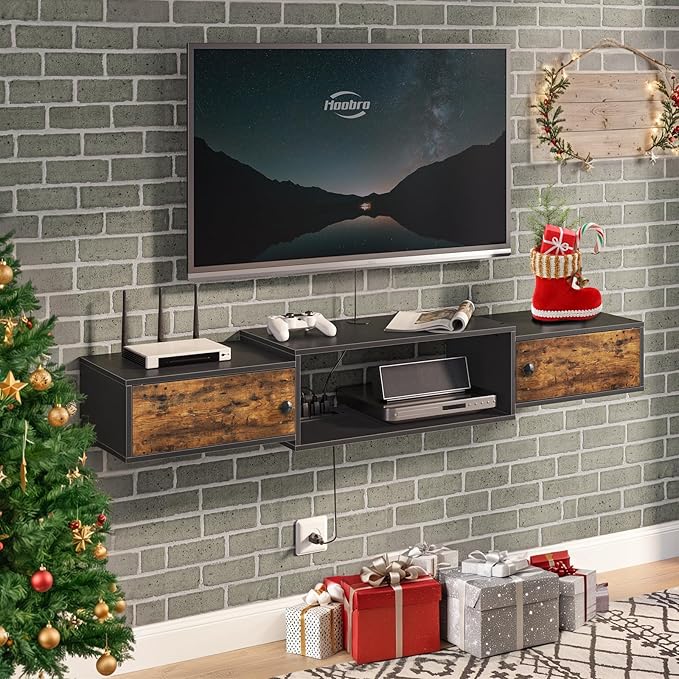 HOOBRO 55 Floating TV Stand with Power Outlet Modern Wall Mounted Media Console Shelf Cabinet for Under TV Storage Entertainment Center Living Room Bedroom Rustic Brown and Black BF11DS01
