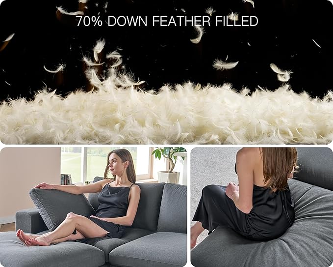 PaPaJet Modular Sectional Sofa 38 Inches Down Filled Sofa Ottoman Comfy Couch for Living Room Grey Linen