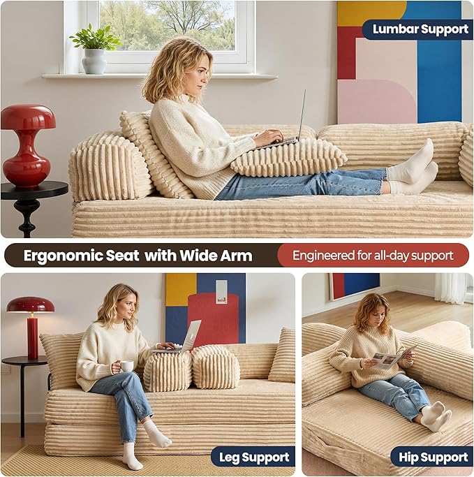 4-in-1 Folding Convertible Sleeper Sofa Bed81 Plush Corduroy Boneless Couch Pull Out BedsLoveseat Floor Futon for Small Spaces Living Room Bedroom ApartmentBeige