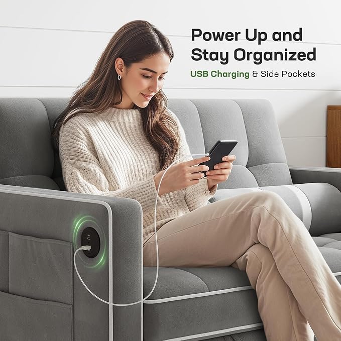 Marsail 3-in-1 Convertible Futon Sleeper Sofa Bed Pull Out Couch with Adjustable Backrest USB Charging &amp Side Pockets Velvet Fabric Sofa for Living Room Apartment Loveseat Grey