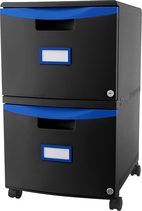Storex Two-Drawer Mobile Filing Cabinet 2 Legal/letter-Size File Drawers Black/blue 14.75 X 18.25 X 26