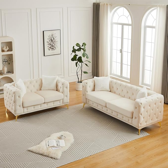 Sofa and Loveseat Set Chesterfield Vintage Mid Century Modern Velvet Fabric Upholstered Button Tufted Deep Seat Sofa Couch Furniture Set with 4 Throw Pillows for Living Room Office Beige (2 Pieces)