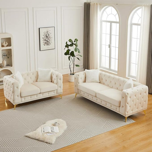Sofa and Loveseat Set Chesterfield Vintage Mid Century Modern Velvet Fabric Upholstered Button Tufted Deep Seat Sofa Couch Furniture Set with 4 Throw Pillows for Living Room Office Beige (2 Pieces)