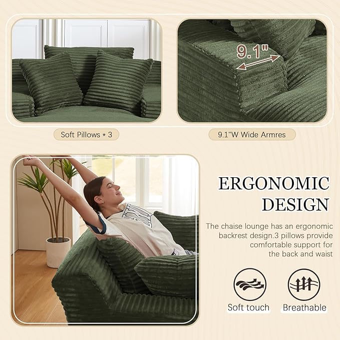 67 Inch Oversized Chaise Lounge Chair IndoorBoneless Corduroy Sofa Bed with Spring CushionDeep Seat Cloud Couch and Reading LoungerSoft Sleeper Sofa for Living RoomNo Assembly Required (Green)