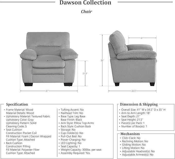 Lexicon Single Sofa Chair for Living Room Accent Chair Upholstered Armchair Comfy Chair for Bedroom/Office/Waiting Room Gray