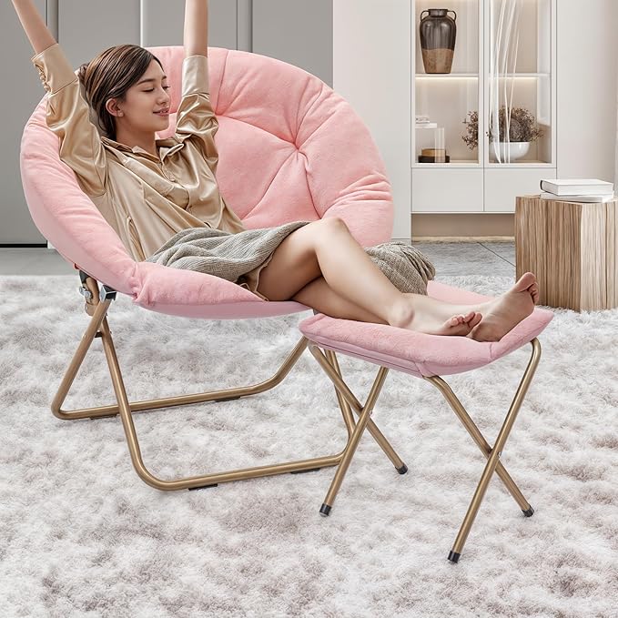 MoNiBloom Round Folding Faux Fur Saucer Chair for Bedroom Living Room Dorm Foldable Metal Frame Oversized Large Comfy Furry Padded Soft Cozy Moon Chair with Footrest Ottoman for Adults (Pink)