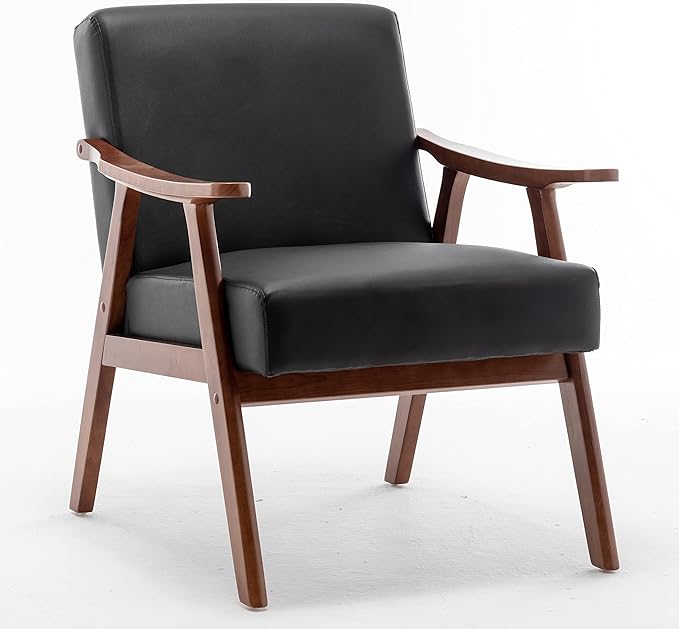 Accent Chair with Microfiber Upholstery and Solid Wood e Classic Mid Century Living Room Furniture for Extra Seating Black PUPVC
