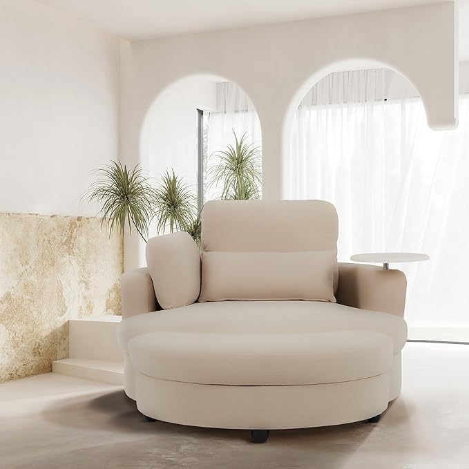 DEINPPA Swivel Accent Chair with Armrest Tray Round Barrel Chairs with Ottoman for Living Room Bedroom-Corduroy Fabric-Beige