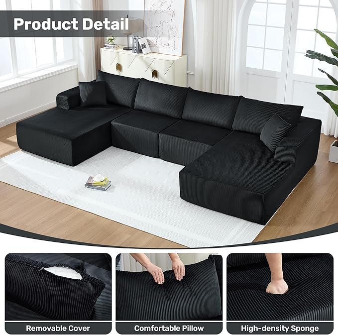 Modular Sectional Sofa146 U-Shaped Boneless Sofa for Living RoomOversized 4-Seater Deep Seat Cloud CouchesCorduroy Upholstered Corner Sofa CouchNo Assembly RequiredBlack