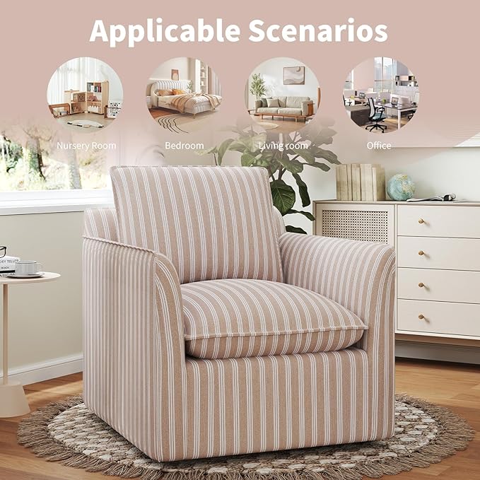 INZOY Swivel Accent Chair Set of 2 Upholstered Square Chair with Thick Padded Backrest Cushion Swivel Reading Chair for Living Room Bedroom Small Spaces Brown Stripe