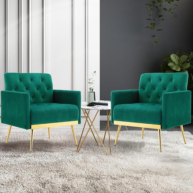 Velvet Accent Chairs Set of 2 Modern Button Tufted Armchair with Metal Legs Small Comfy Upholstered Single Reading Club Chair for Living Room Bedroom Office Decorative(Green)
