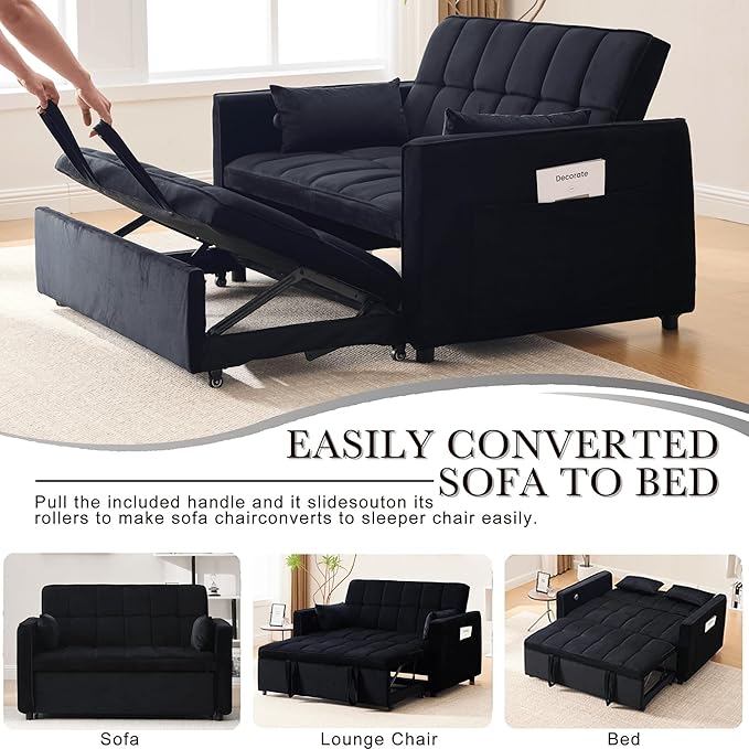 Velvet 3-in-1 Convertible Sleeper Sofa Bed - USB Charging Port Adjustable Backrest Pull-Out Futon Loveseat for Small Space Apartment Versatile Sectional Couch for Living Room (Black)