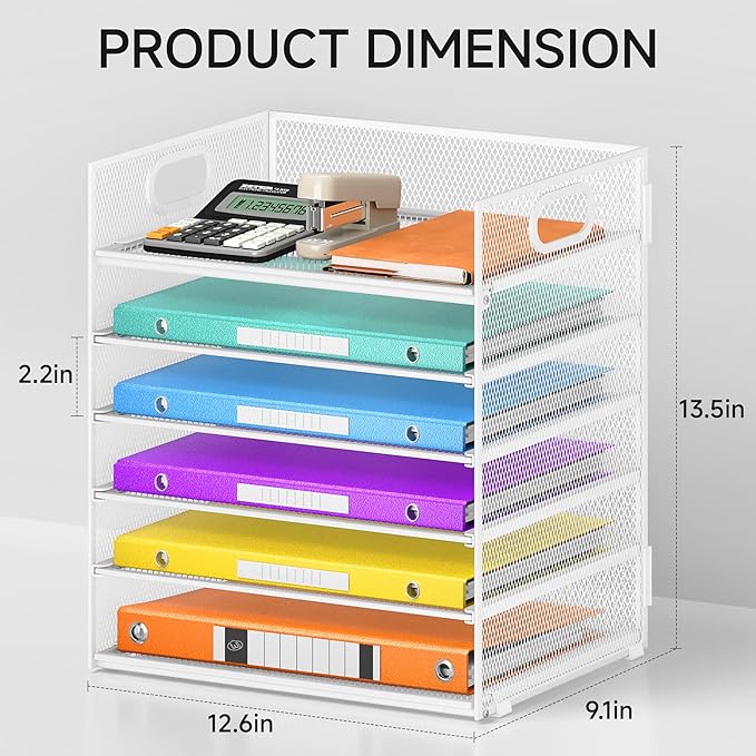 6 Tray Paper Organizer Letter Tray with Handle - Mesh Desk File Organizer Paper Sorter Organizer for Office Home or School File Folder Holder - White