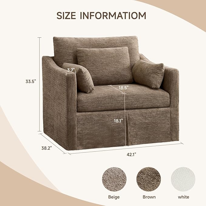 ONBRILL Accent Chair for Living Room Slipcovered Chair with 3 Throw Pillows Comfy Reading Chair Deep Seat Armchair w/Sloped Arms Modern Single Couch Sofa for Apartment Brown