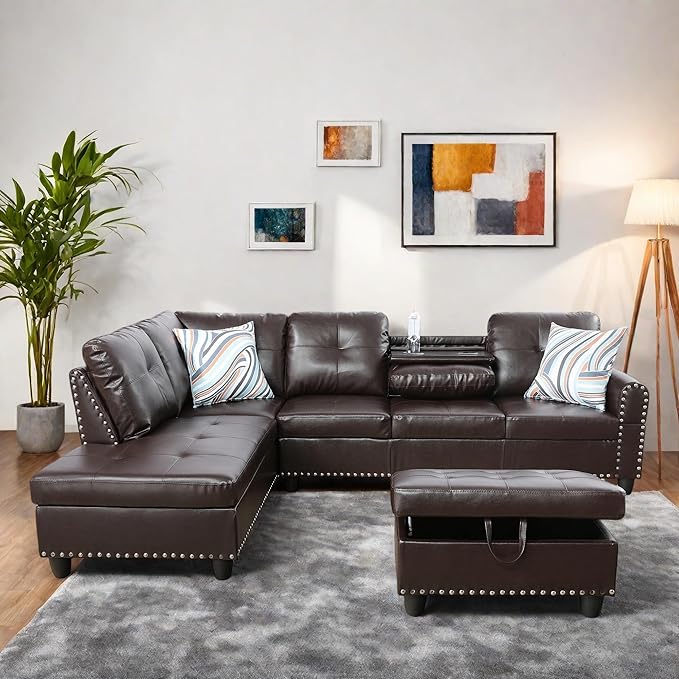 L Shaped Sectional Sofa with Ottoman Leather Modern Couches Nail-Head Design with Cup Holder for Living RoomOffice Bedroom Brown