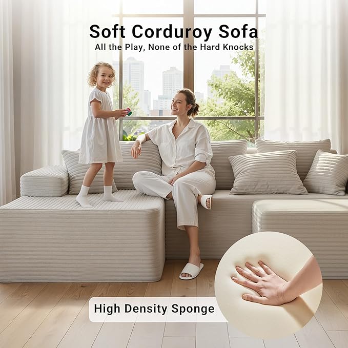 Claiks 110 Boneless Couch Cloud Couch Sectional U-Shape Corduroy Modular Sectional Sofa Deep Seat Upholstered Couches for Living Room No Assembly Required Beige
