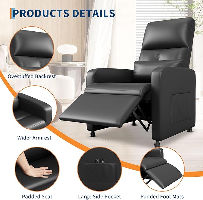 Ergonomic Power Recliner Chair Electric Recliner Tall Back Overstuffed PU Side PocketsRecliner for Living Room Home Theater &amp Game Rooms