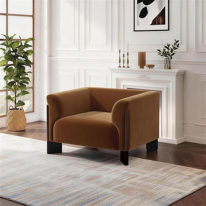 Oversized Accent Chair Velvet Fabric Upholstered Club Chair for Living Room 41 Width Single Sofa Chair with Curved Handrail and Solid Wood Legs Modern Arm Chair for Bedroom Home Orange