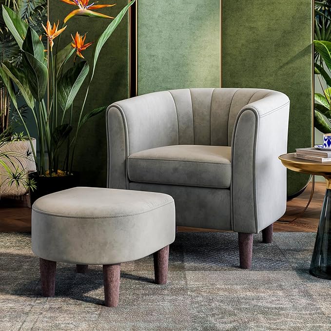 LINSY Accent Chair with Ottoman Modern Barrel Chair Small Armchair Reading Chair with Footrest Comfy Round Arms Chair for Living Room Bedroom Reading Room Velvet Grey