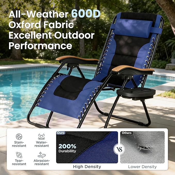 PHI VILLA XXL Oversized Padded Zero Gravity Chair Foldable Patio Recliner 30 Wide Seat Anti Gravity Lounger with Cup Holder Support 400 LBS (Navy Blue)