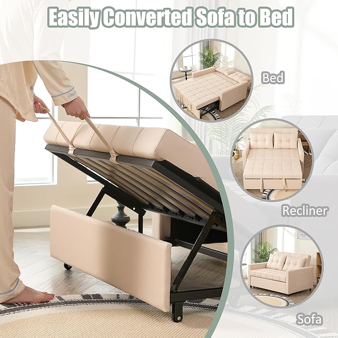 52 Sleeper Sofa with Pull-Out Bed 3-in-1 Convertible Sofa Bed Set of Loveseat with Stepless Adjustable Backrest and Side Pocket for Living Room Dorm Apartment Linen Beige