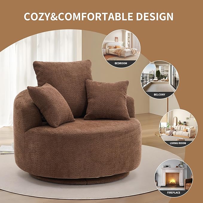 40” Brown Round Swivel Chair with 3 Pillows &amp Thick Cushion Oversized 360° Swivel Accent Chair Modern Boucle Armchair for Nursery Living Room Bedroom Club