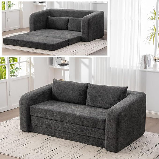 Grey Cloud Loveseat Sofa - 71 Convertible Folding Sofa Bed Chenille Boneless Floor Lounge Couch with Armrest &amp Backrest Pillows No Assembly Pull Out Sleeper for Bedroom Living Room (Grey 71 W
